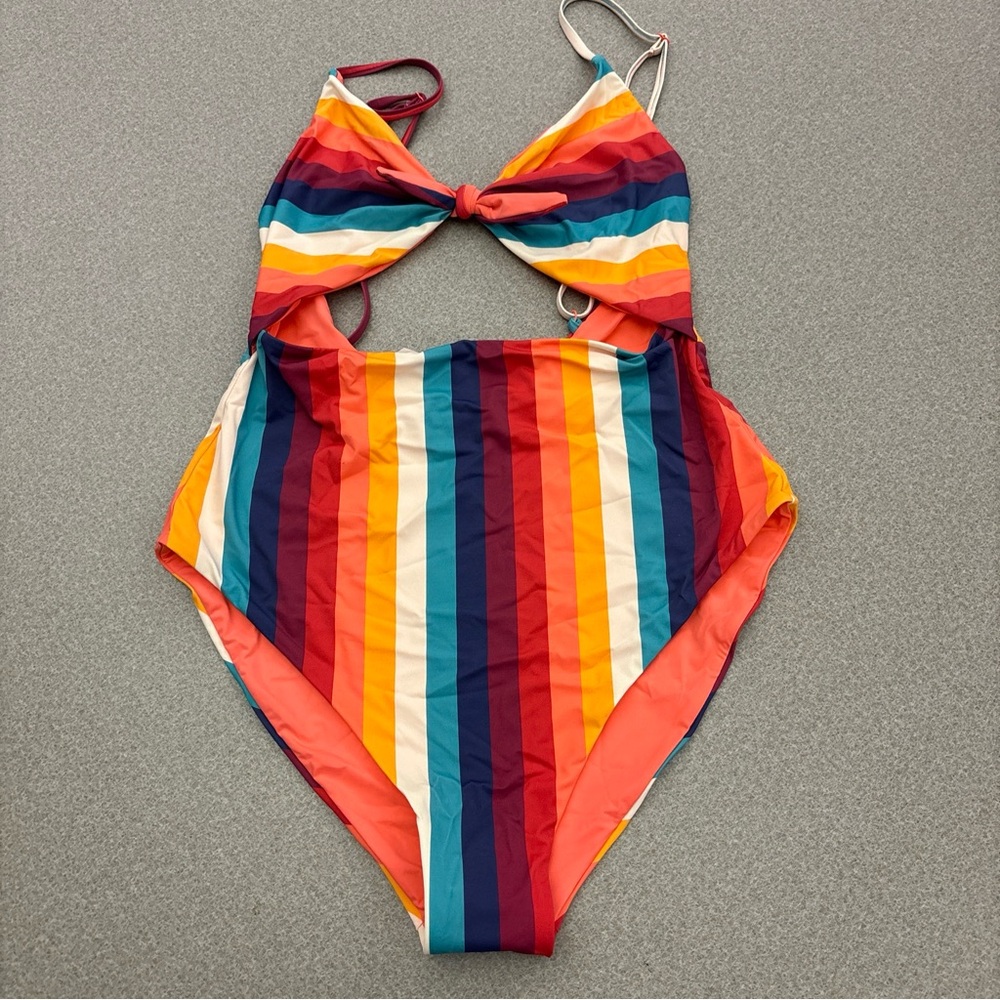 Marine Layer Havana Tie Front One Piece Swim Suit. Large. Multi Stripe.  NWT
